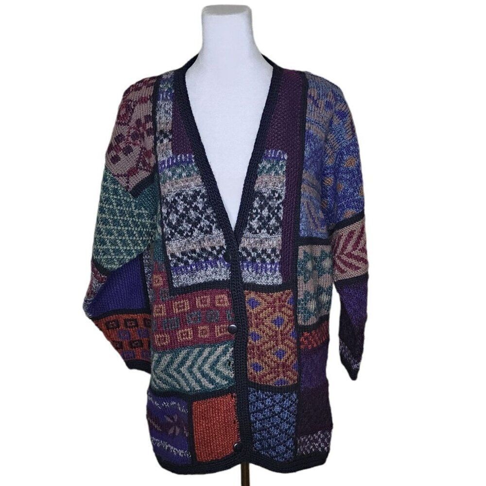 Vintage 80s Peruvian Connection Patchwork Cardigan Sweater Womens S Blue Oversiz